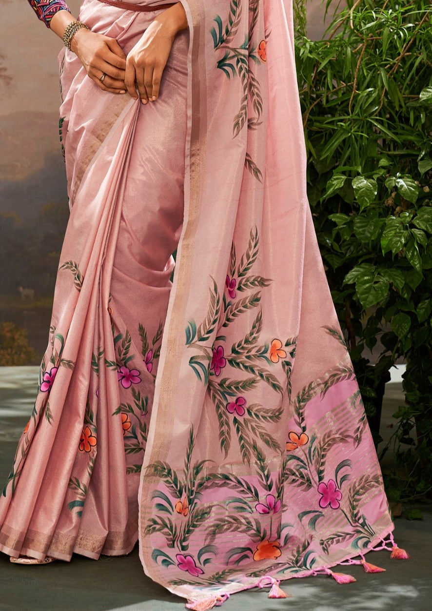 Linen Tissue Floral Hand Print Kalamkari Blouse Pastel Pink Saree