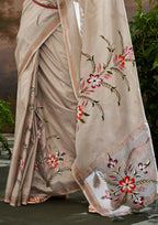 Linen Tissue Floral Hand Print Kalamkari Blouse Off White Saree