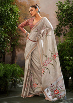 Linen Tissue Floral Hand Print Kalamkari Blouse Off White Saree