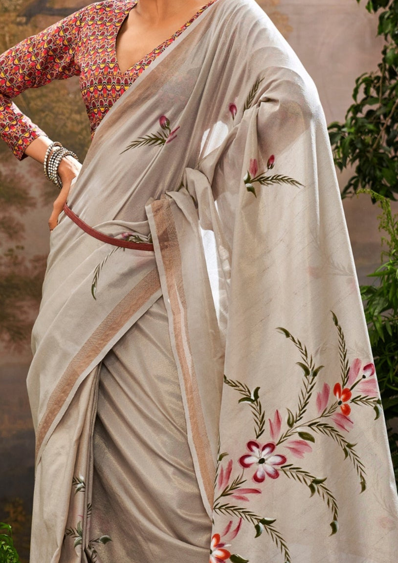 Linen Tissue Floral Hand Print Kalamkari Blouse Off White Saree