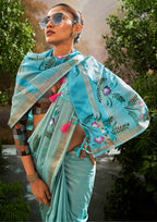 Linen Tissue Floral Hand Print Kalamkari Blouse Sky Blue Saree