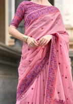 Soft Linen Cotton Pastel Pink Saree with a Pink and Blue Border