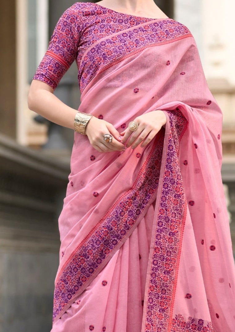 Soft Linen Cotton Pastel Pink Saree with a Pink and Blue Border