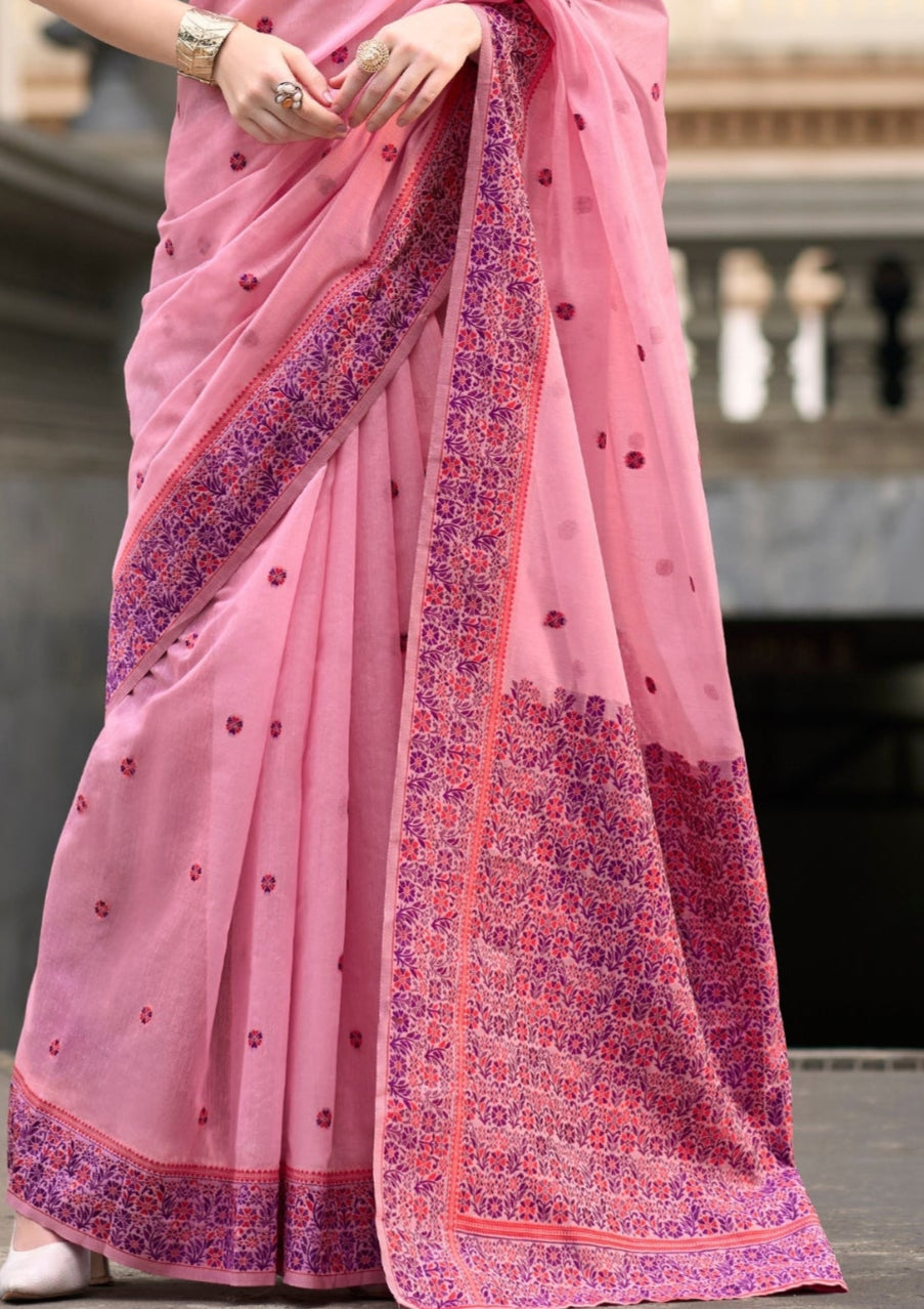 Soft Linen Cotton Pastel Pink Saree with a Pink and Blue Border