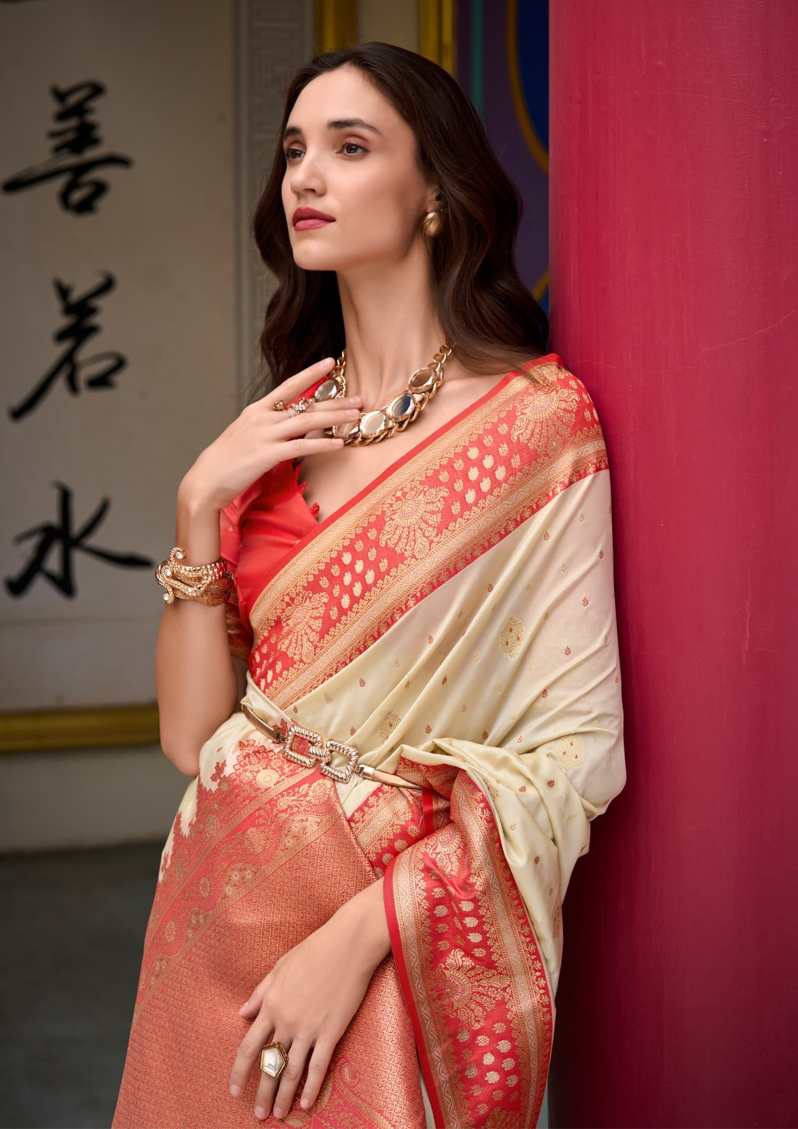 Kanjivaram Tissue Silk  Exotic Zari Work Red Border Off White Saree