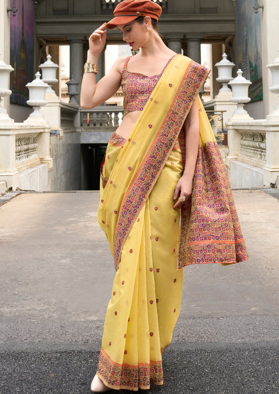 Mustard Yellow Satin Saree with Floral Applique Lace Border