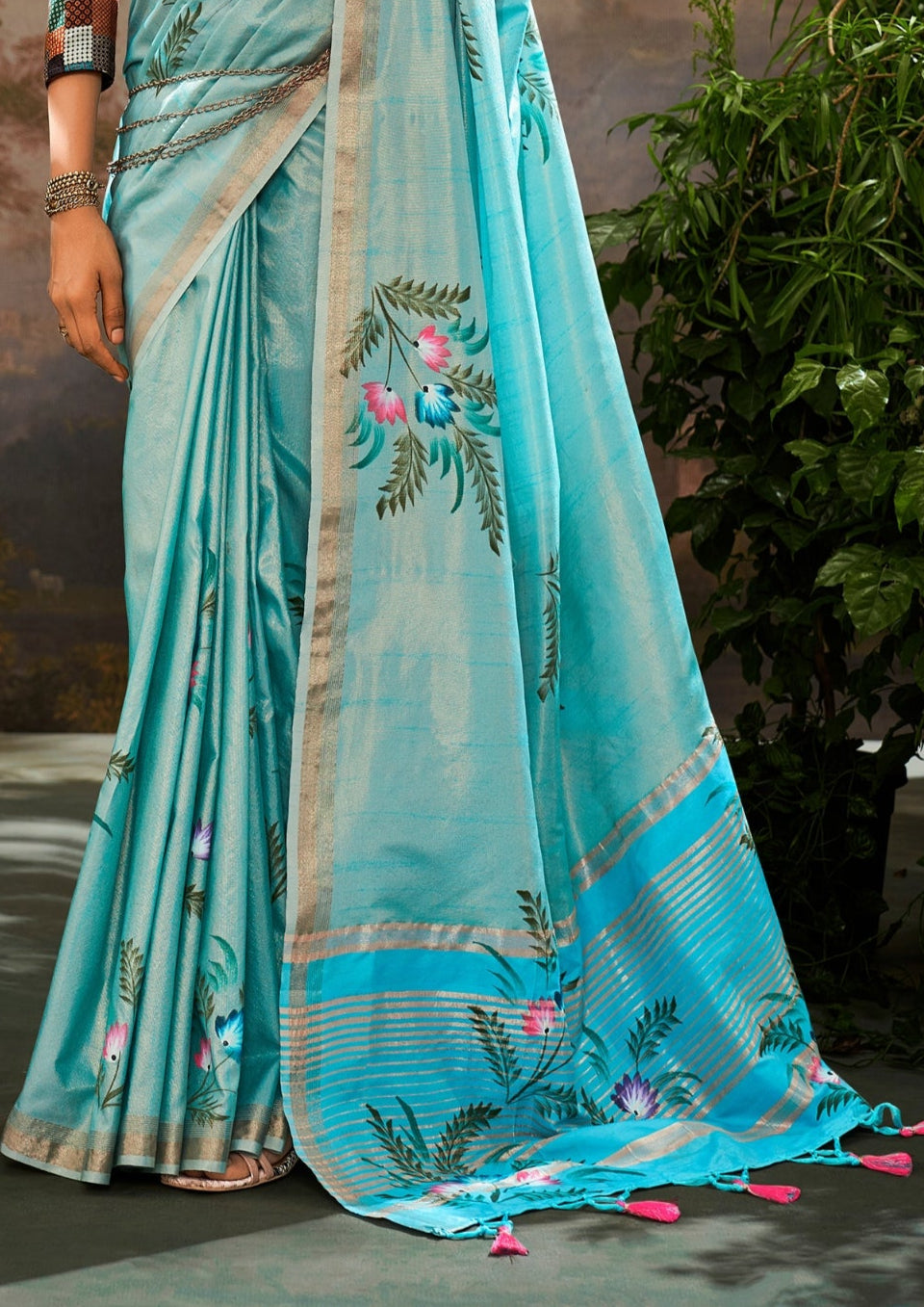 Linen Tissue Floral Hand Print Kalamkari Blouse Sky Blue Saree