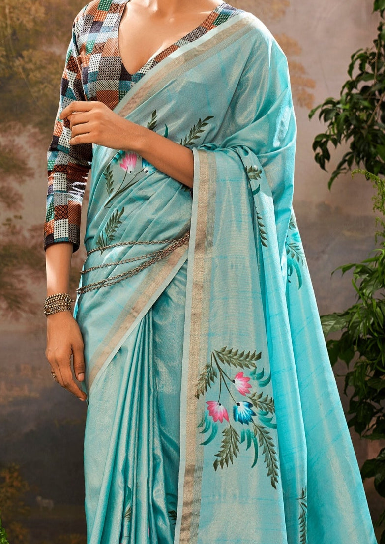 Linen Tissue Floral Hand Print Kalamkari Blouse Sky Blue Saree