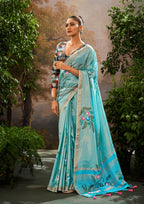 Linen Tissue Floral Hand Print Kalamkari Blouse Sky Blue Saree