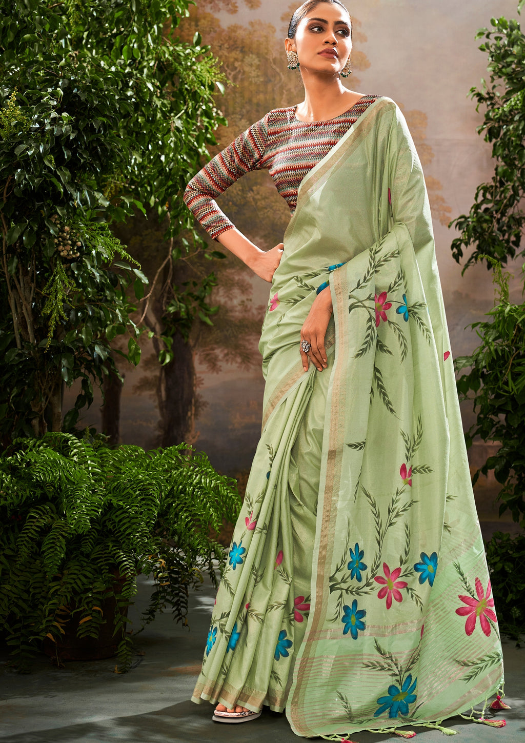 Linen Tissue Floral Hand Print Kalamkari Blouse Pistachio Green Saree
