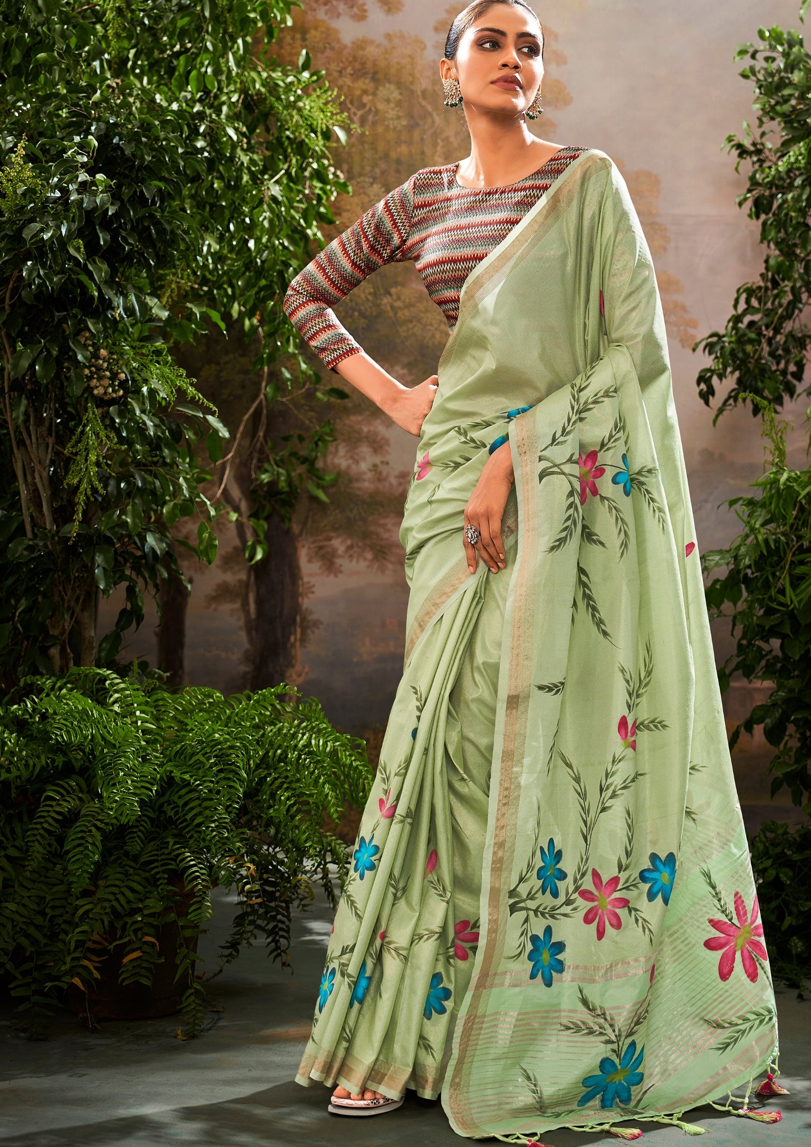 Linen Tissue Floral Hand Print Kalamkari Blouse Pistachio Green Saree