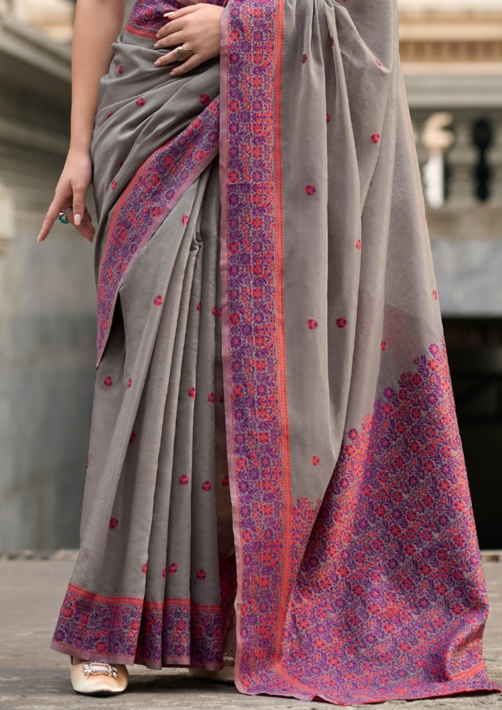 Soft Linen Cotton Muted Grey Saree with a Pink Border