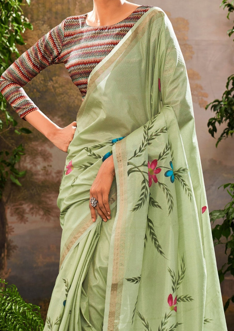 Linen Tissue Floral Hand Print Kalamkari Blouse Pistachio Green Saree