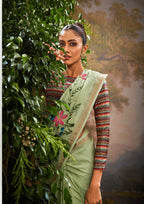 Linen Tissue Floral Hand Print Kalamkari Blouse Pistachio Green Saree