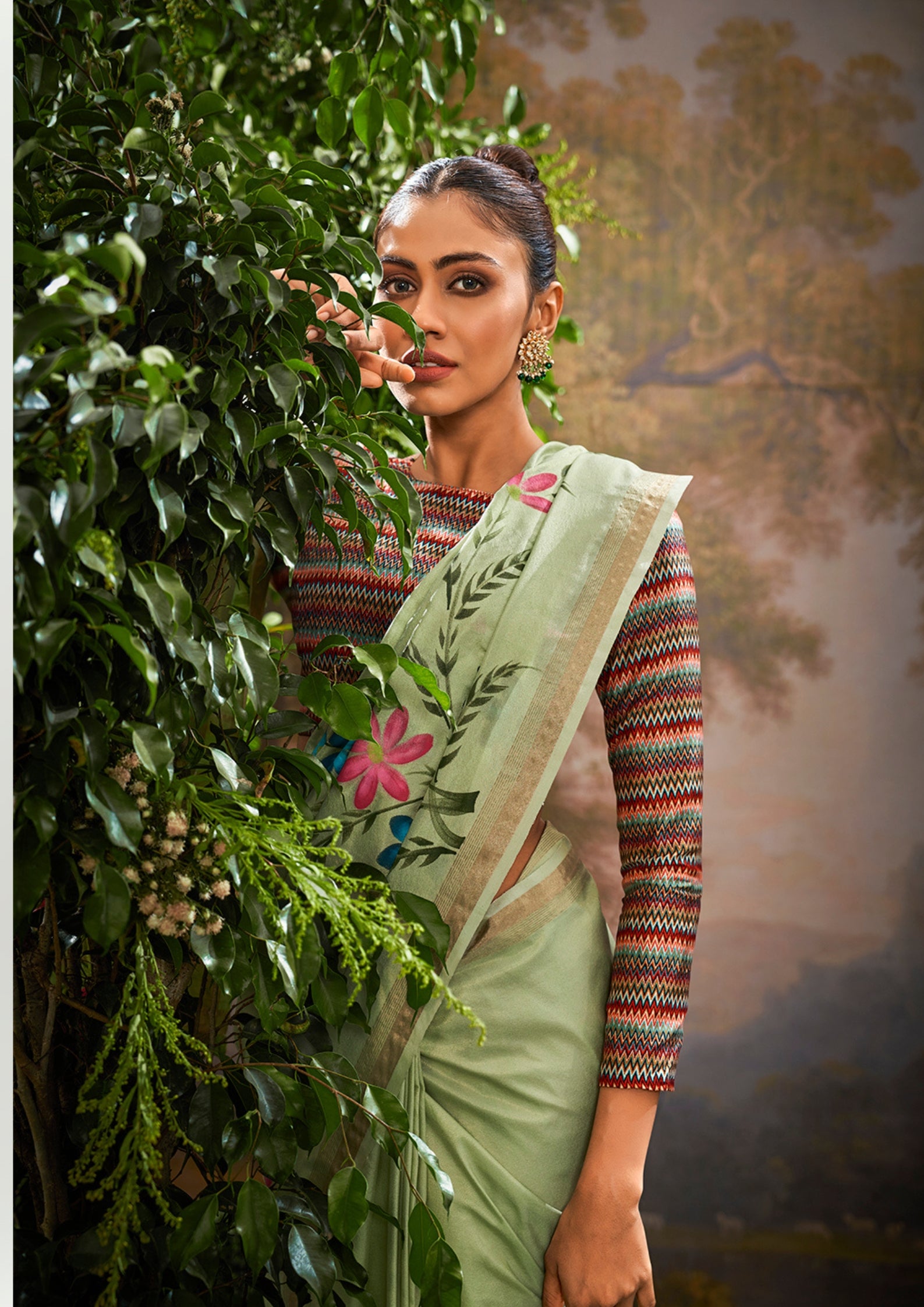 Linen Tissue Floral Hand Print Kalamkari Blouse Pistachio Green Saree