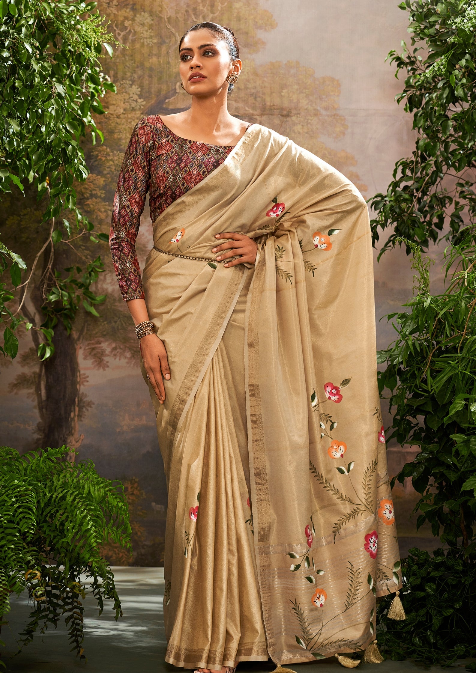 Linen Tissue Floral Hand Print Kalamkari Blouse Beige Saree