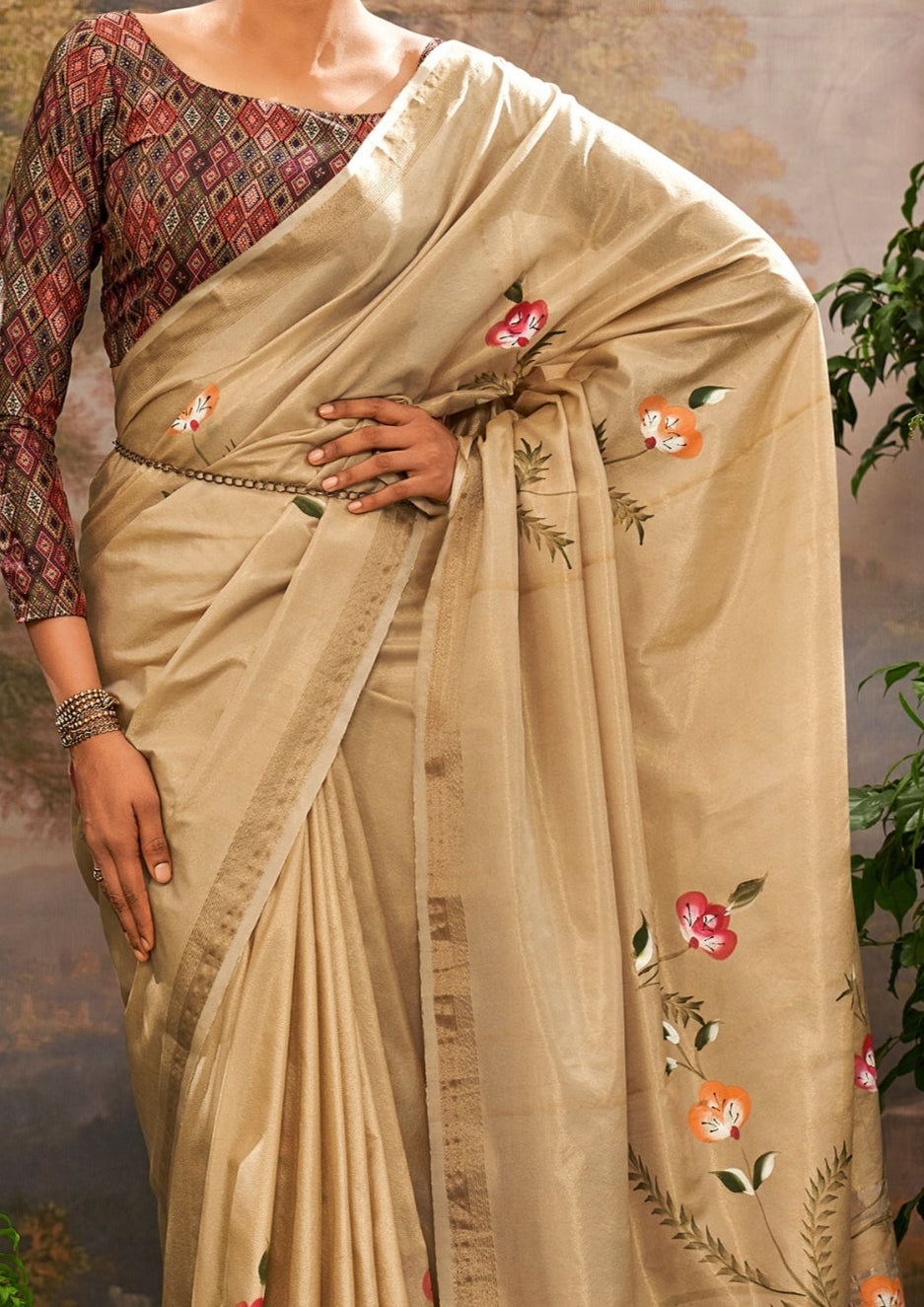 Linen Tissue Floral Hand Print Kalamkari Blouse Beige Saree