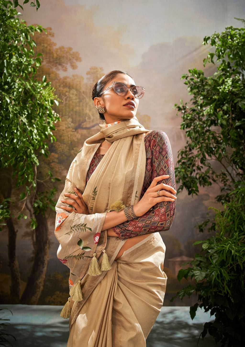 Linen Tissue Floral Hand Print Kalamkari Blouse Beige Saree