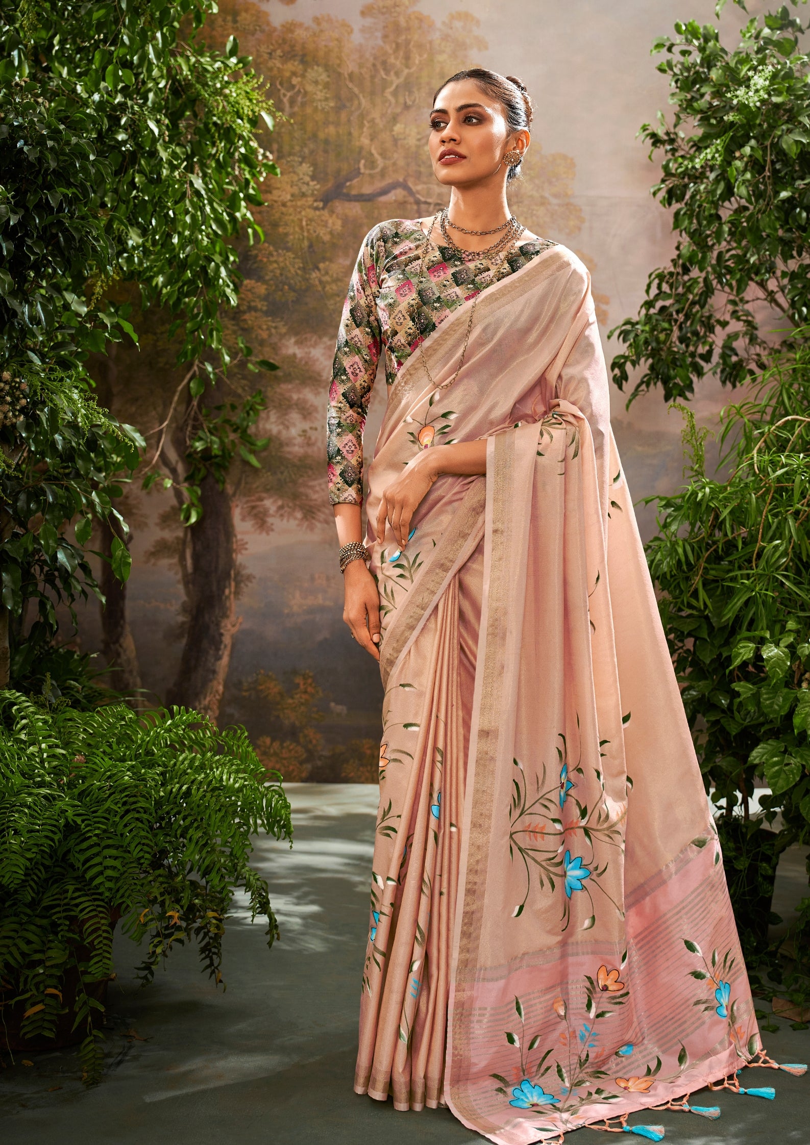 Linen Tissue Floral Hand Print Kalamkari Blouse Soft Pink Saree
