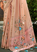 Linen Tissue Floral Hand Print Kalamkari Blouse Soft Pink Saree
