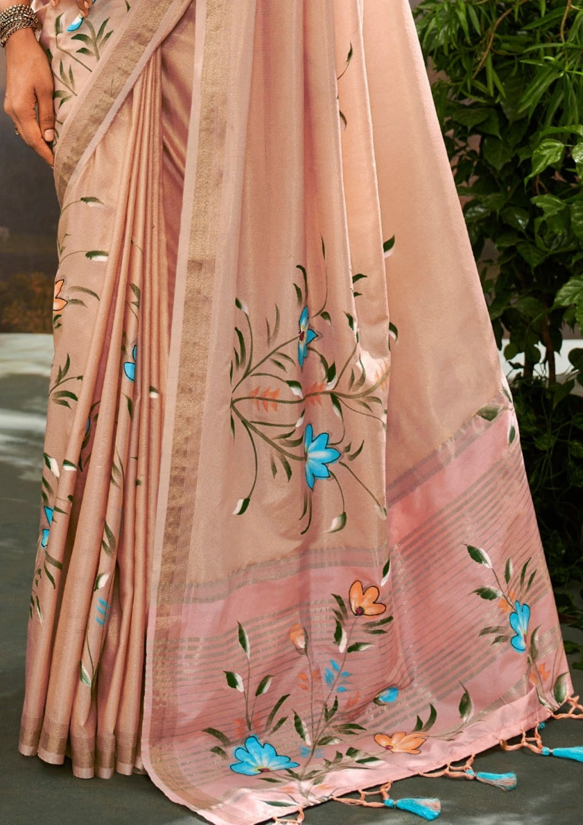 Linen Tissue Floral Hand Print Kalamkari Blouse Soft Pink Saree