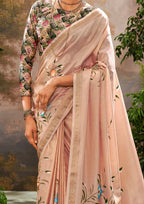 Linen Tissue Floral Hand Print Kalamkari Blouse Soft Pink Saree