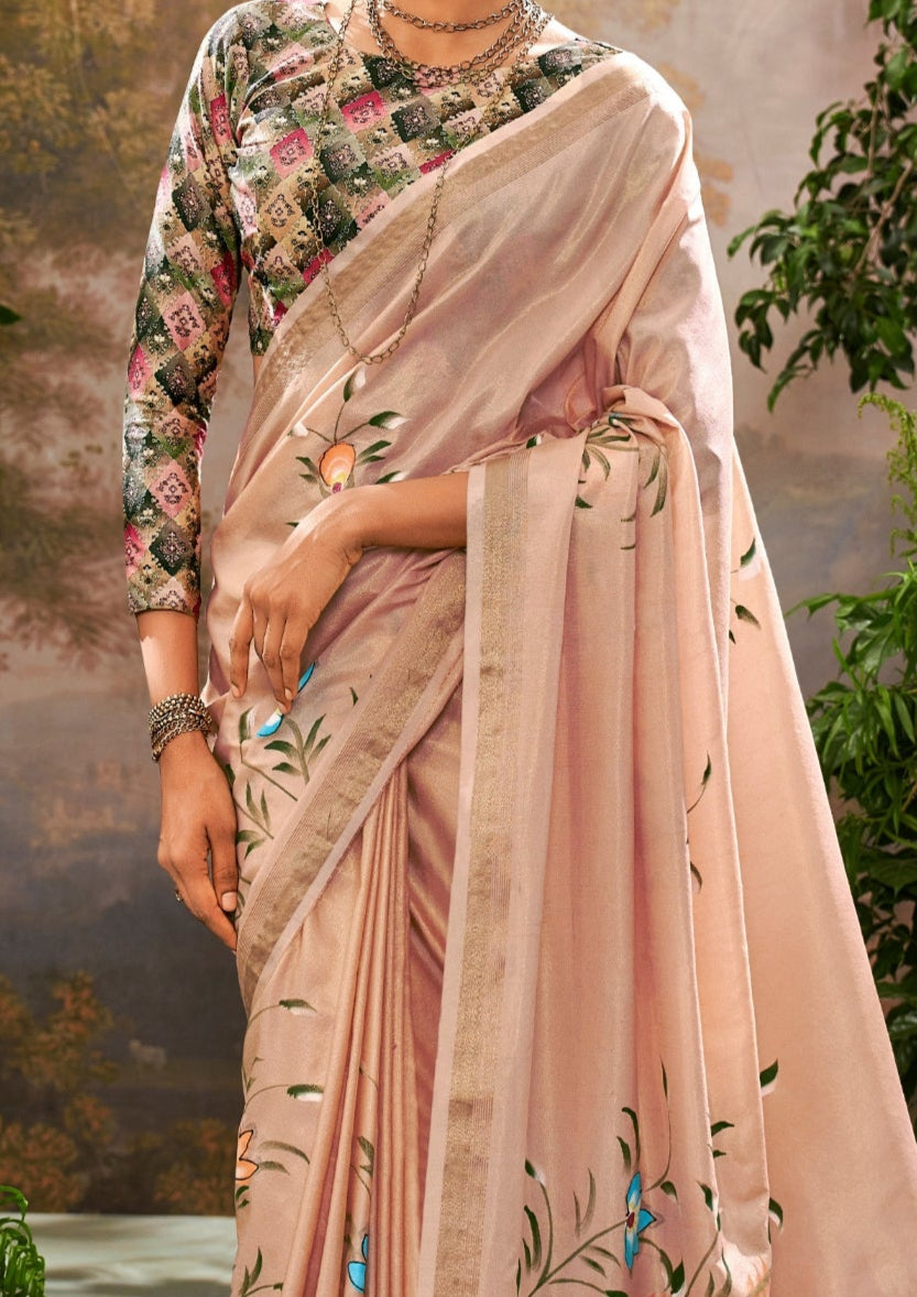 Linen Tissue Floral Hand Print Kalamkari Blouse Soft Pink Saree