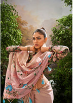 Linen Tissue Floral Hand Print Kalamkari Blouse Soft Pink Saree