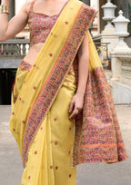 Soft Linen Cotton Mustard Yellow Saree with Orange Border