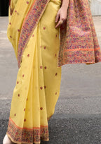 Soft Linen Cotton Mustard Yellow Saree with Orange Border