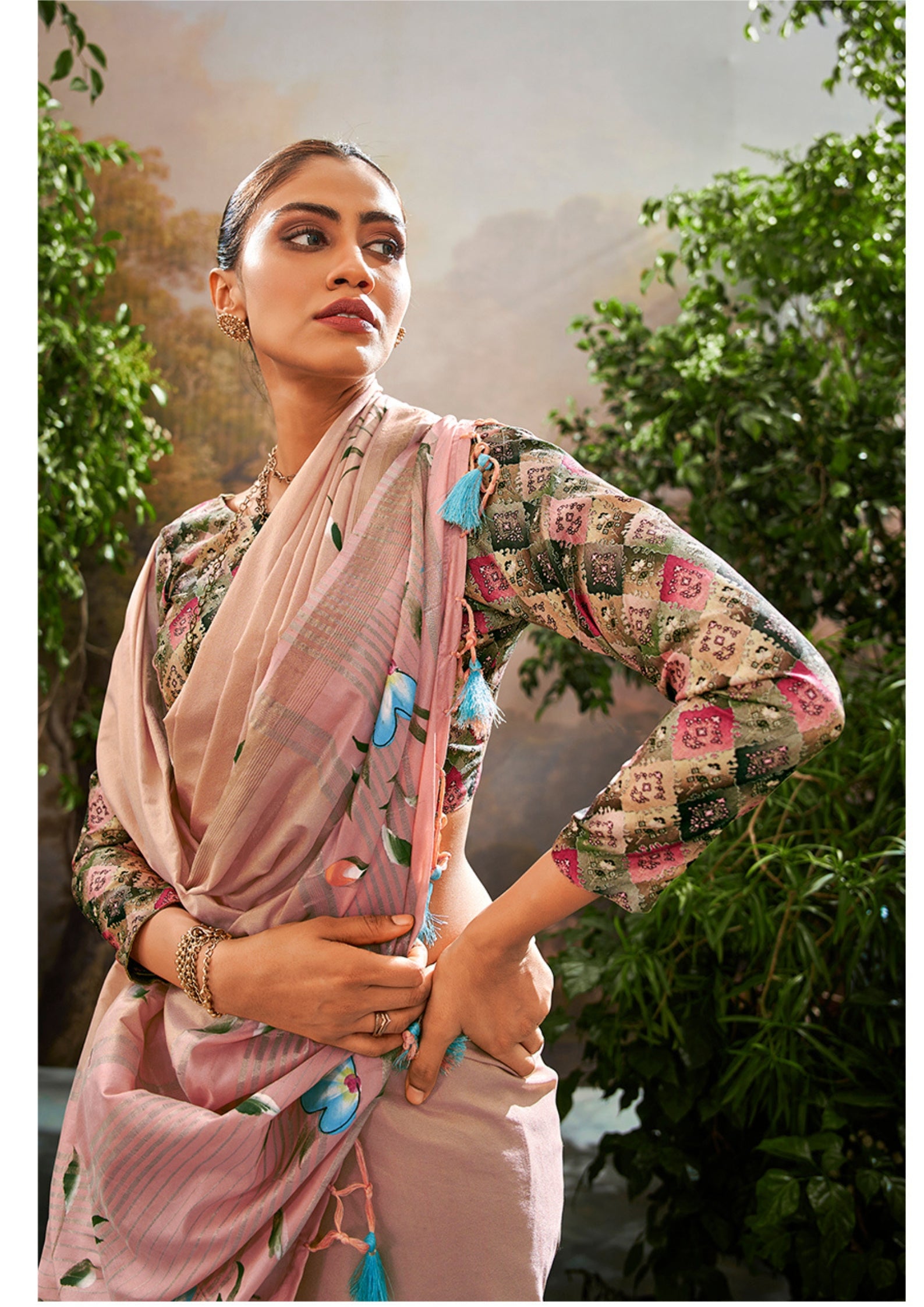 Linen Tissue Floral Hand Print Kalamkari Blouse Soft Pink Saree