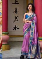 Kanjivaram Tissue Silk  Exotic Zari Work Blue Border Mauve Pink Saree