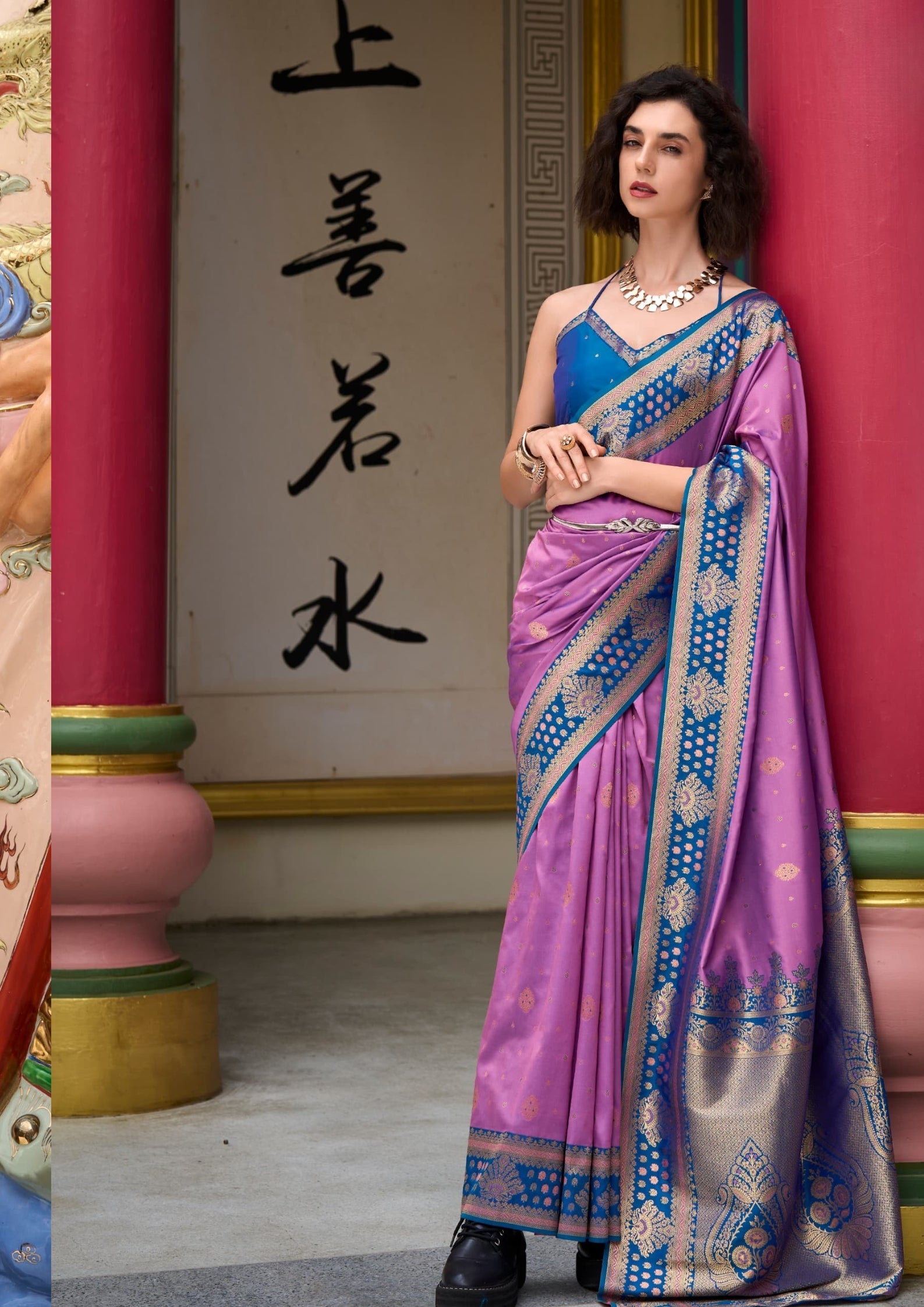 Kanjivaram Tissue Silk  Exotic Zari Work Blue Border Mauve Pink Saree