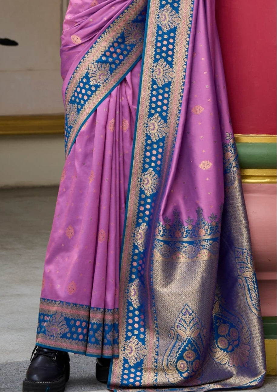 Kanjivaram Tissue Silk  Exotic Zari Work Blue Border Mauve Pink Saree