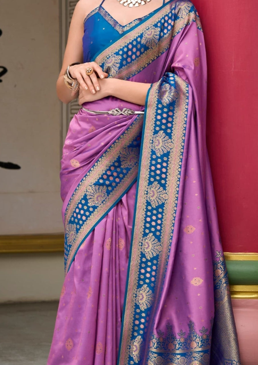 Kanjivaram Tissue Silk  Exotic Zari Work Blue Border Mauve Pink Saree