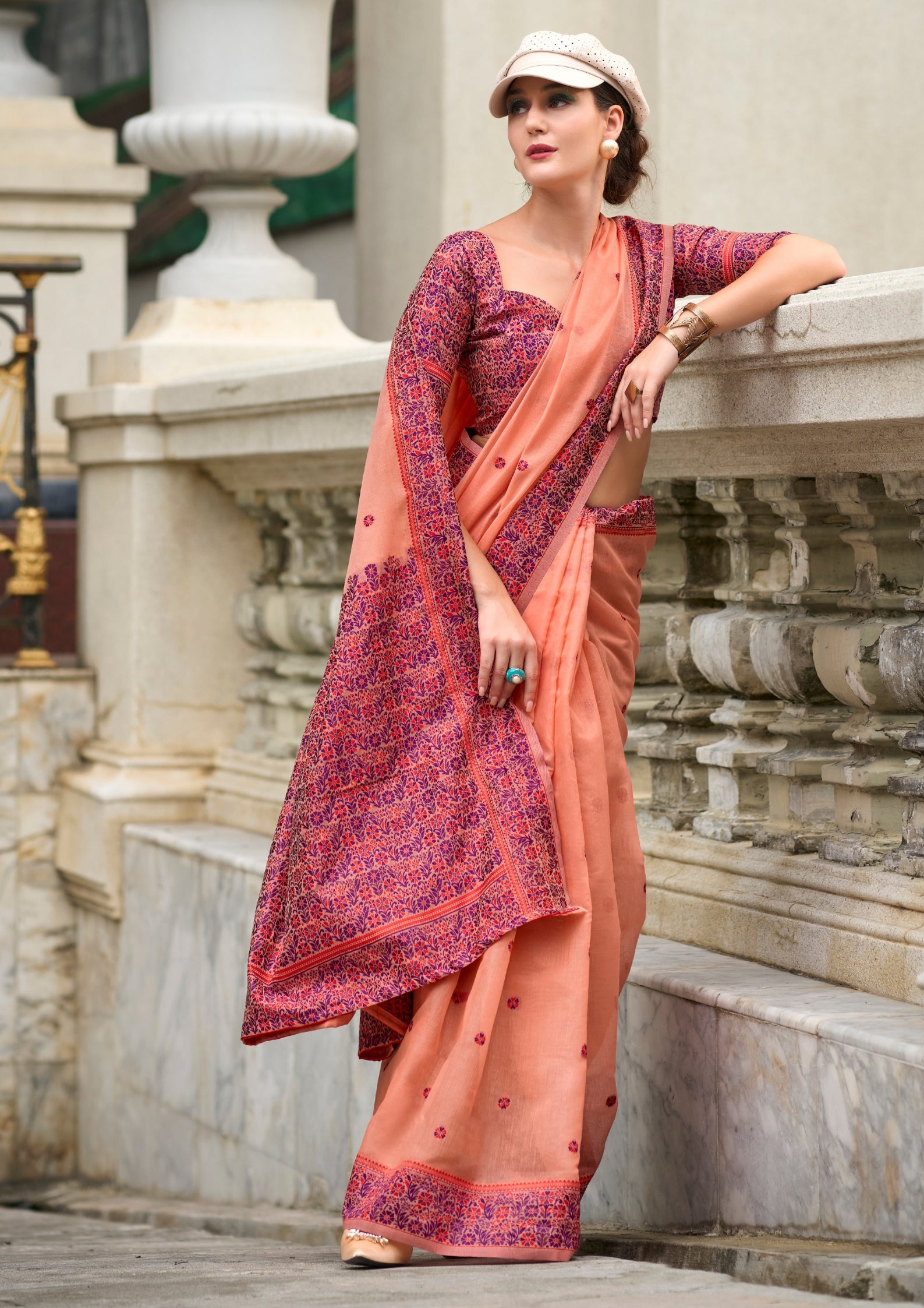 Soft Linen Cotton Peach Saree with Pink Border