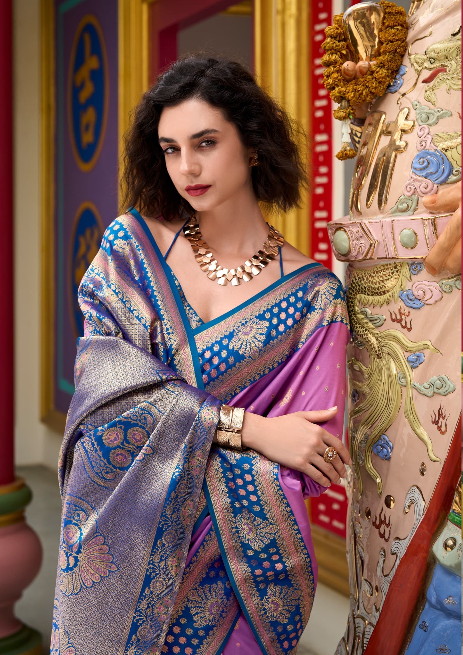 Kanjivaram Tissue Silk  Exotic Zari Work Blue Border Mauve Pink Saree