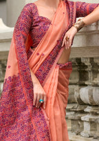 Soft Linen Cotton Peach Saree with Pink Border