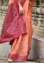 Soft Linen Cotton Peach Saree with Pink Border