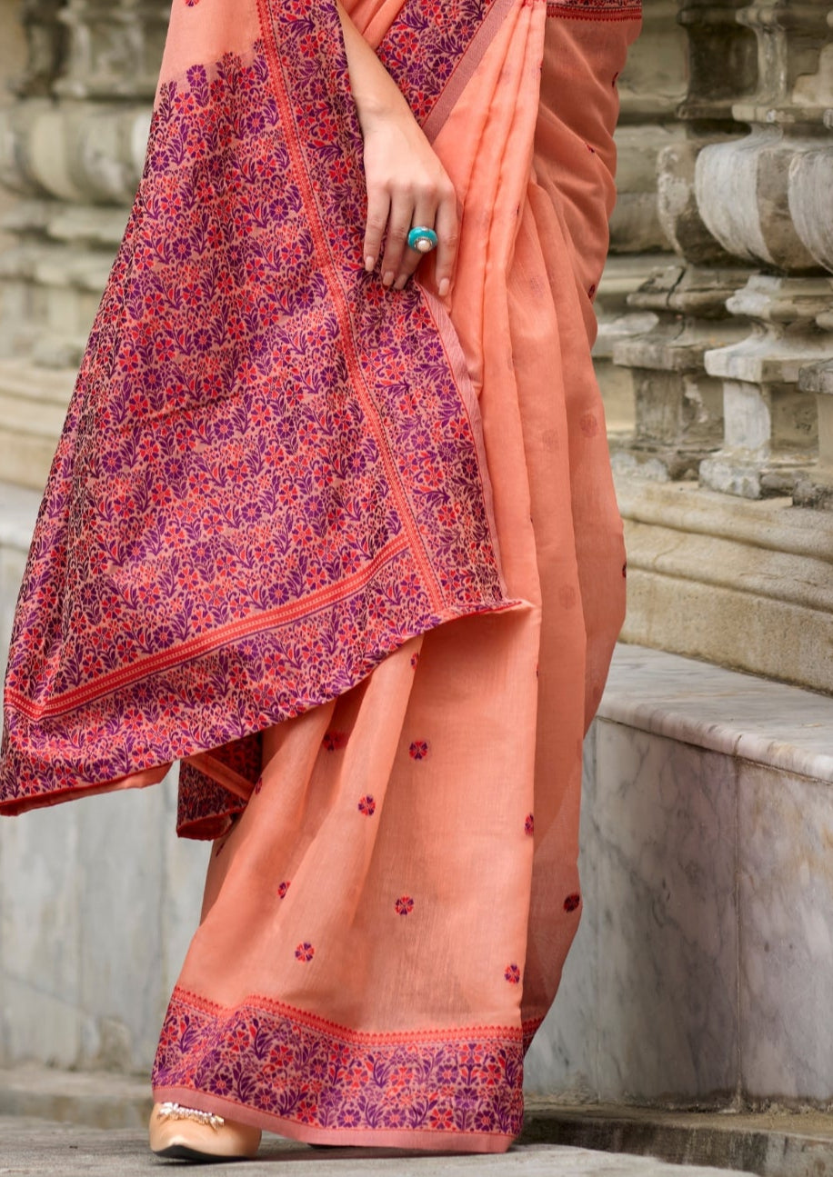 Soft Linen Cotton Peach Saree with Pink Border