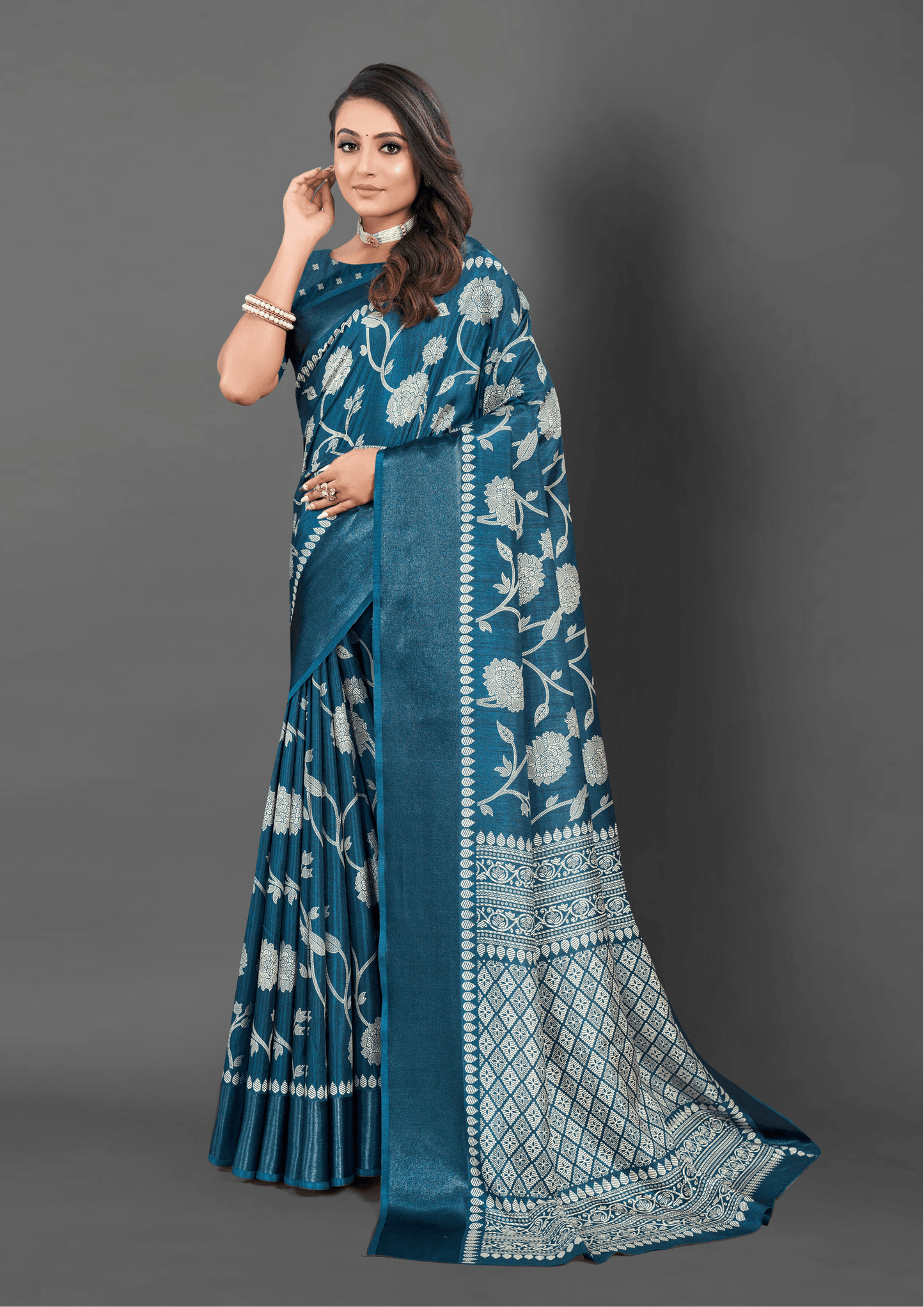 Saree Teal Floral Print Dola Saree - SaviDurga