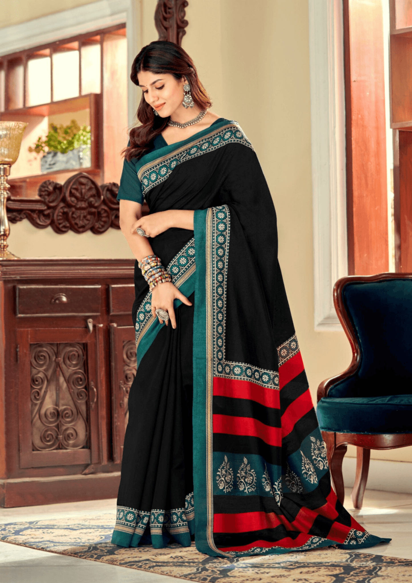 Saree Trendy Black and Teal Bhagalpuri Saree - SaviDurga