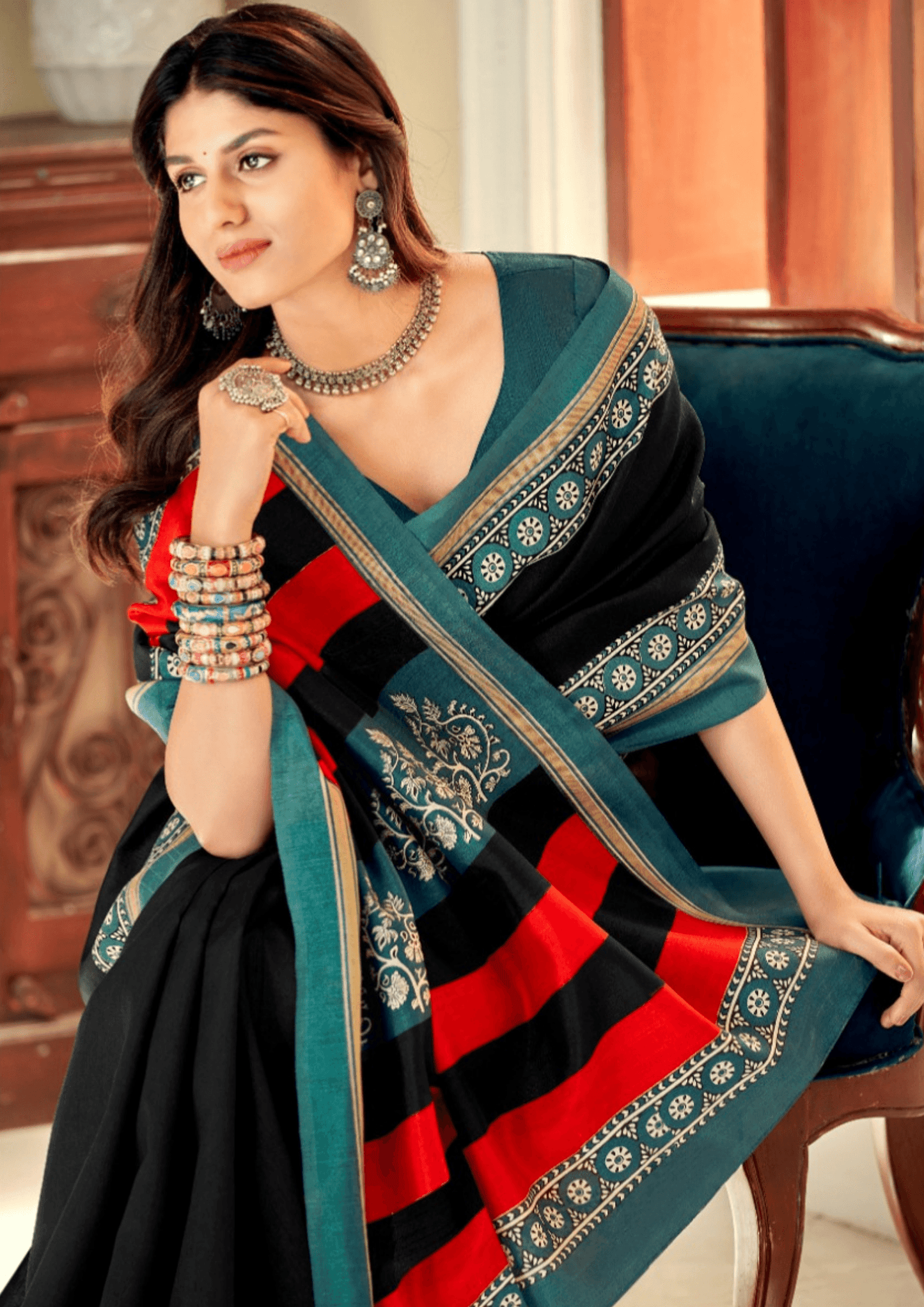 Saree Trendy Black and Teal Bhagalpuri Saree - SaviDurga