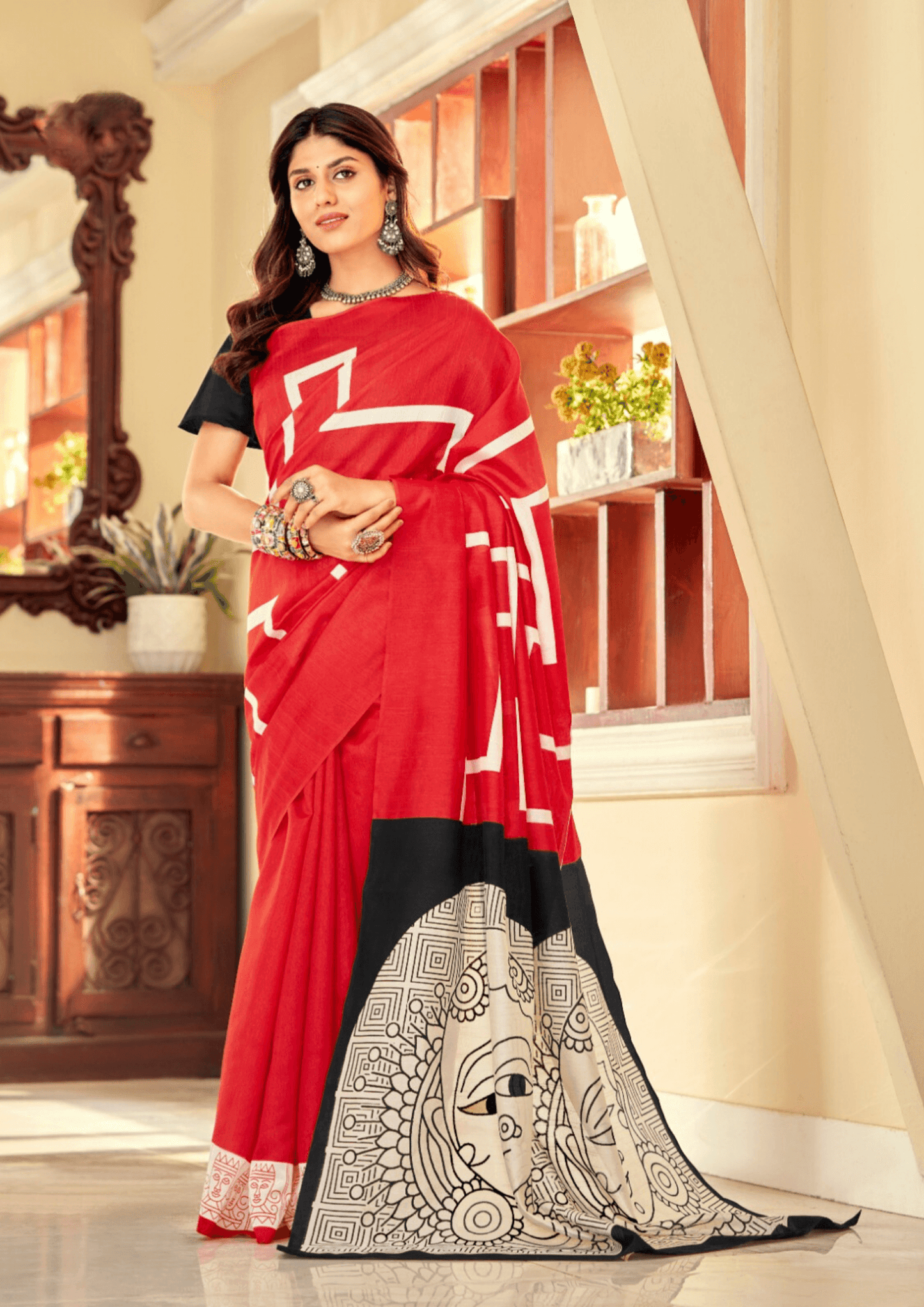 Saree Trendy Red and Black Bhagalpuri Saree - SaviDurga