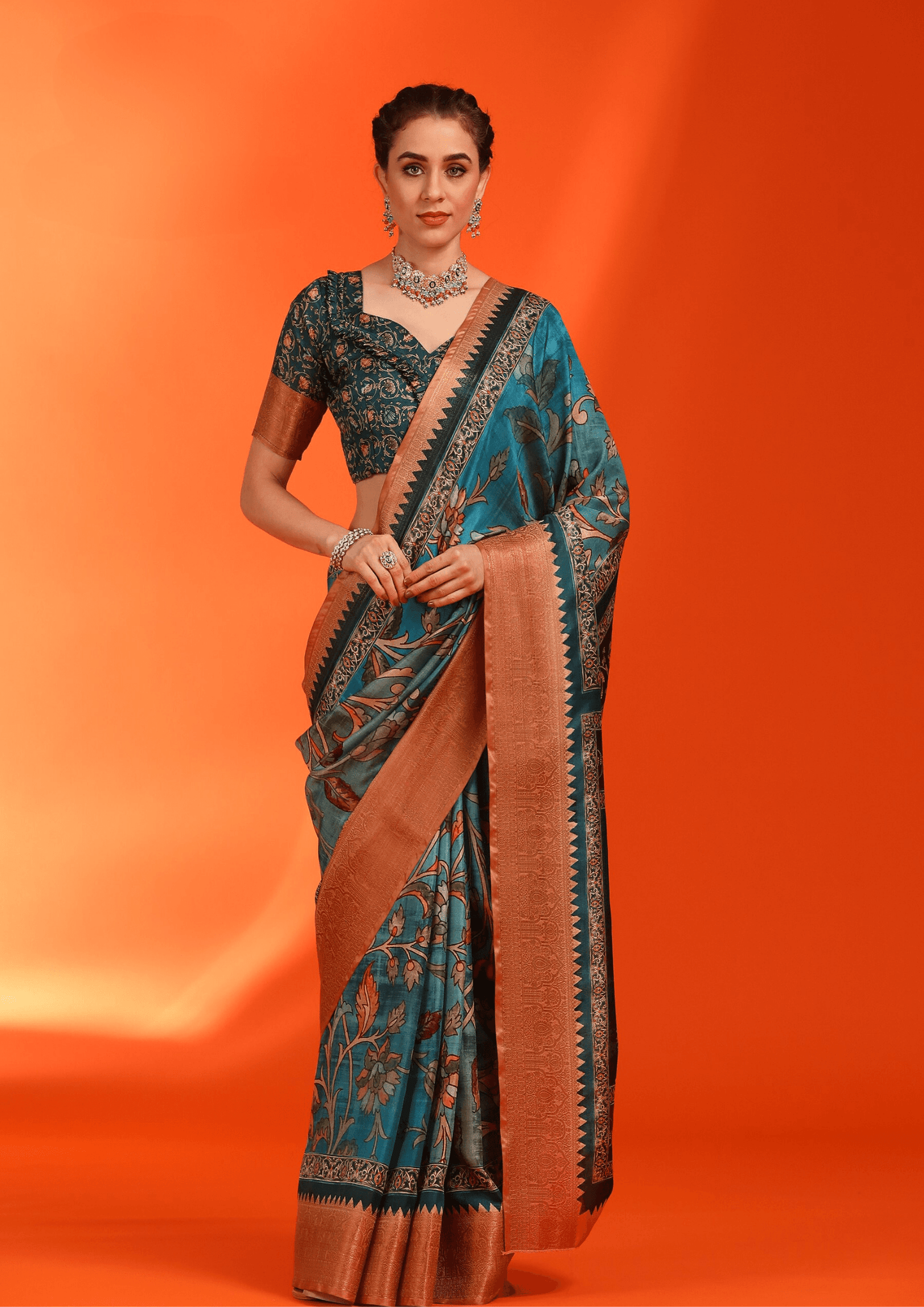 Saree Turqoise Floral print Saree - SaviDurga