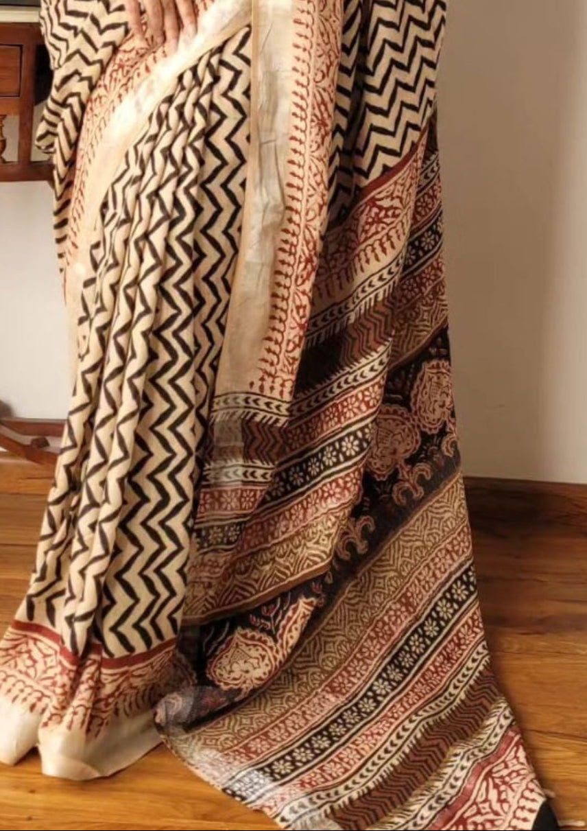 Beautiful Floral Linen Digital Print Beige Saree