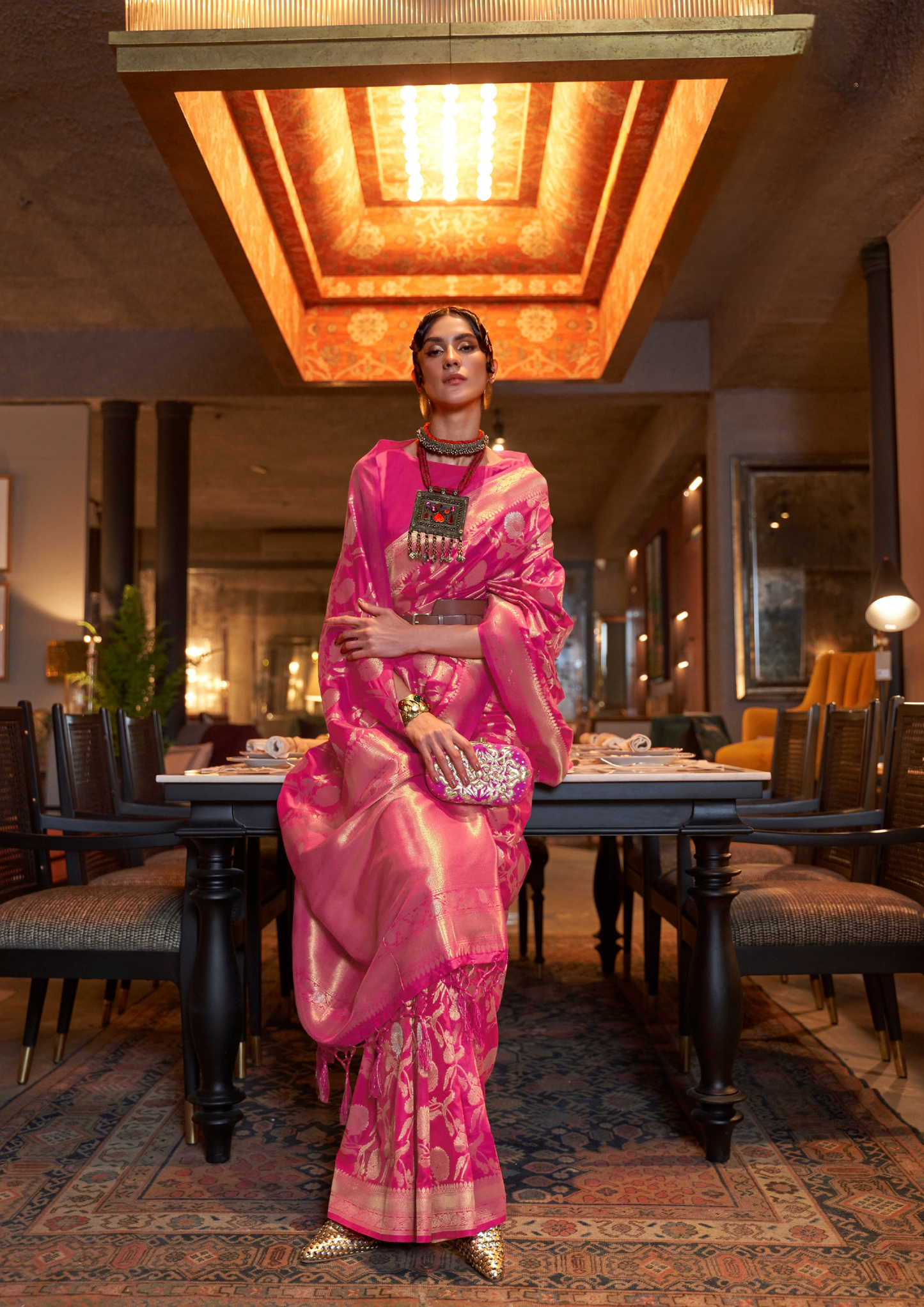 Dark Pink handloom weaving sarees