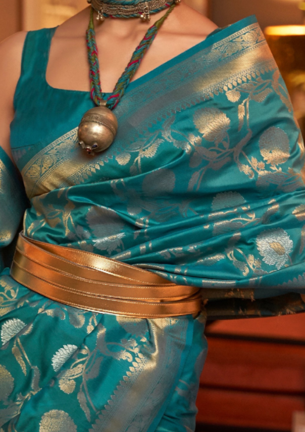 Turquoise handloom weaving sarees