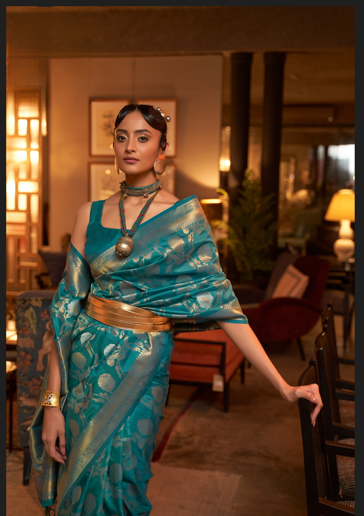 Turquoise handloom weaving sarees