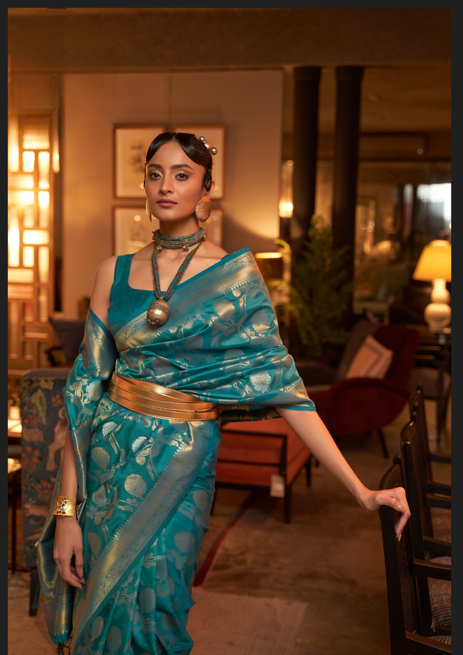 Turquoise handloom weaving sarees